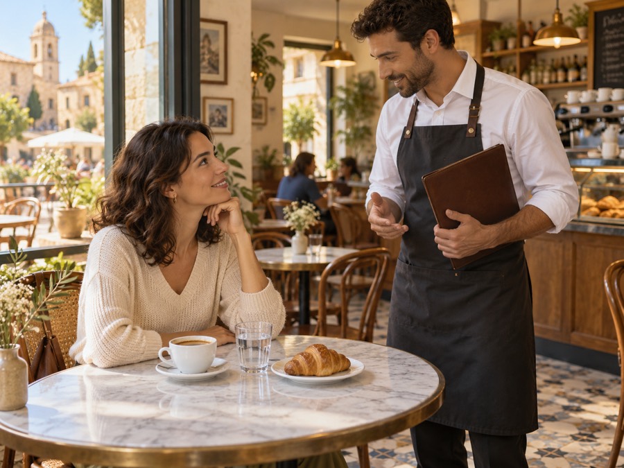 A server talking to a customer at a sunny café table
