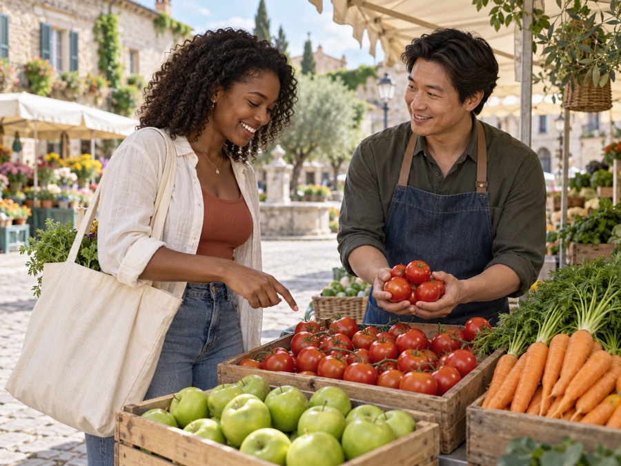A busy market stall of fruit and vegetables